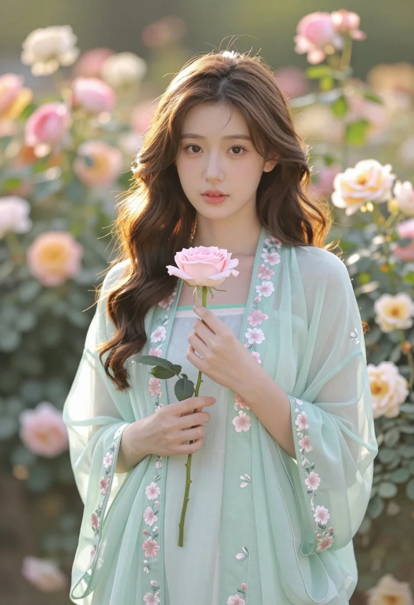Soft portrait of young woman with brown hair holding pink rose in - AI generated image prompt sample