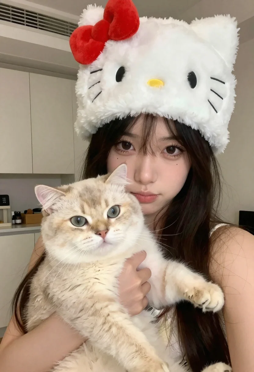 Young woman in plush hat holding fluffy cream cat in indoor setting - AI generated image prompt sample