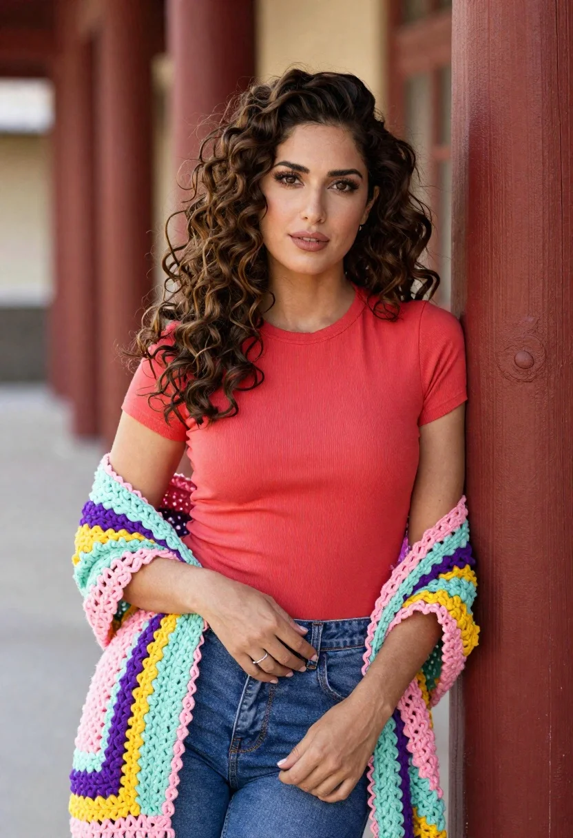 Woman with brown wavy hair leaning against red pillar outdoors