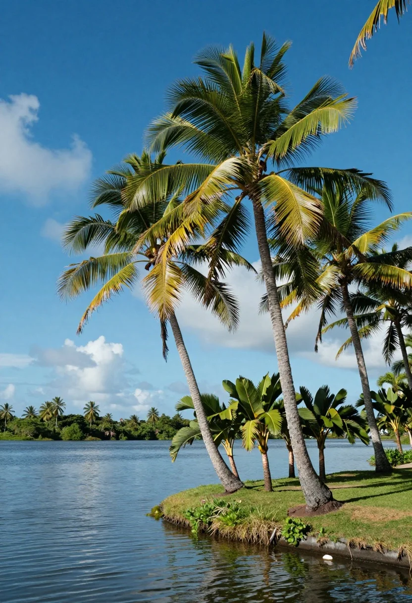 Low angle wide shot of tropical landscape with palm trees and calm - AI generated image prompt sample