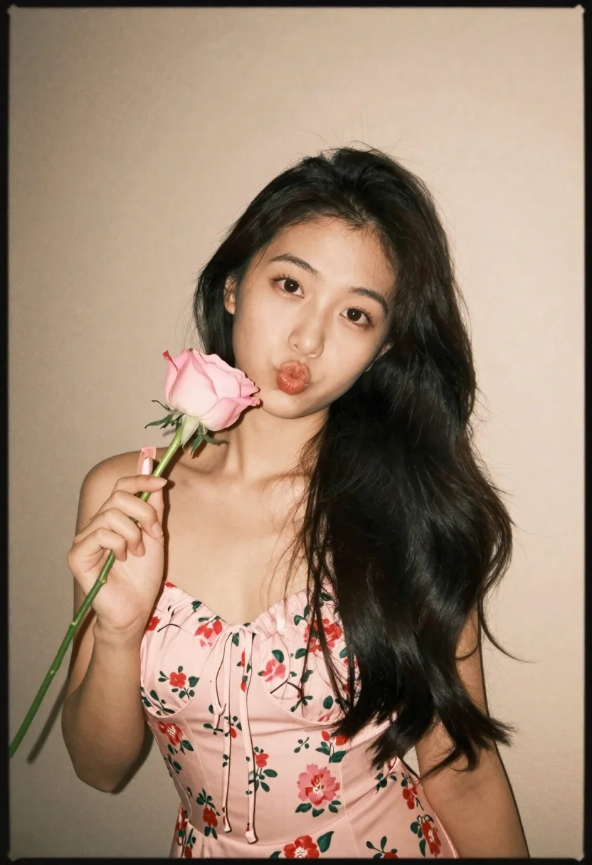 Young woman with black hair holding pink rose near face - AI generated image prompt sample