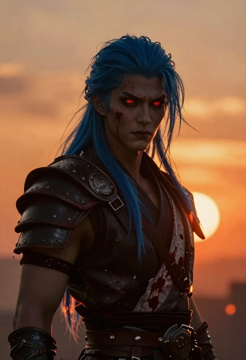 Warrior portrait against fiery sunset backlighting