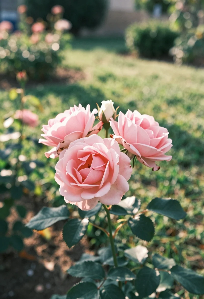 Close up of delicate pink roses blooming in a sun dappled garden - AI generated image prompt sample