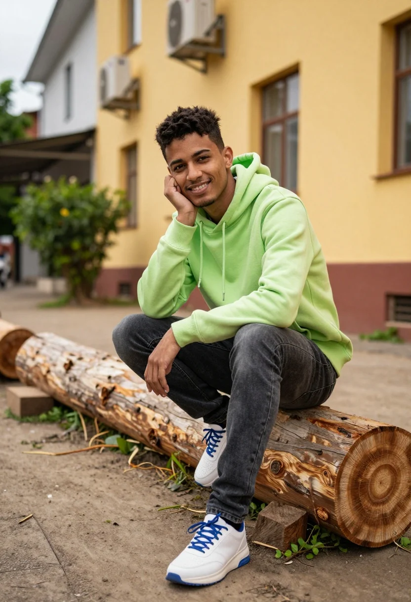 Young dark skinned man smiling on wooden log in yellow building street - AI generated image prompt sample
