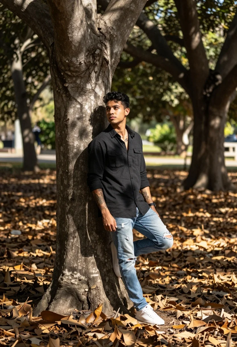 Young man leaning against tree trunk in sundappled forest grove setting - AI generated image prompt sample