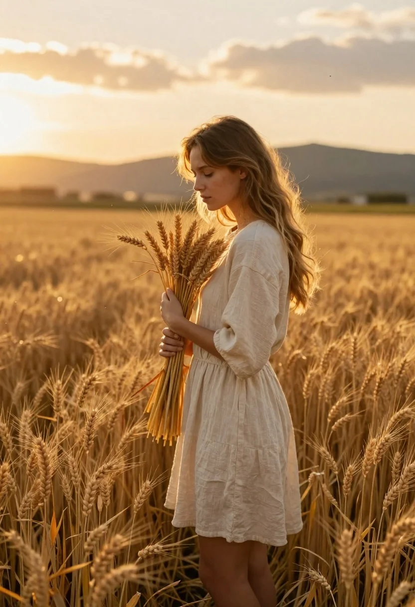 Young woman holding wheat stalks in golden field at sunset - AI generated image prompt sample