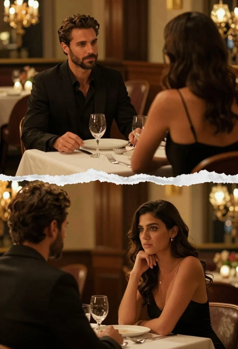 Cinematic diptych of couple at dimly lit upscale restaurant table - AI generated image prompt sample
