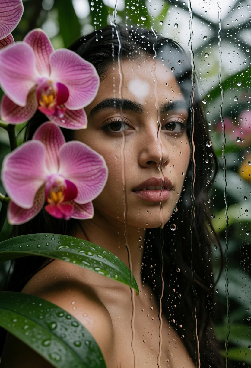 Close up portrait of woman through rain streaked glass with pink orchids - AI generated image prompt sample