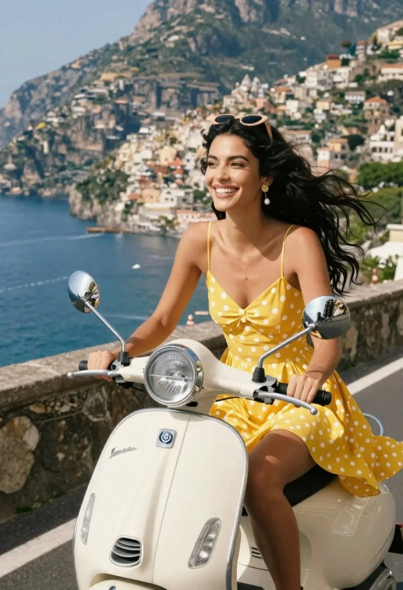Joyful woman in yellow polka dot dress riding cream vespa scooter on - AI generated image prompt sample