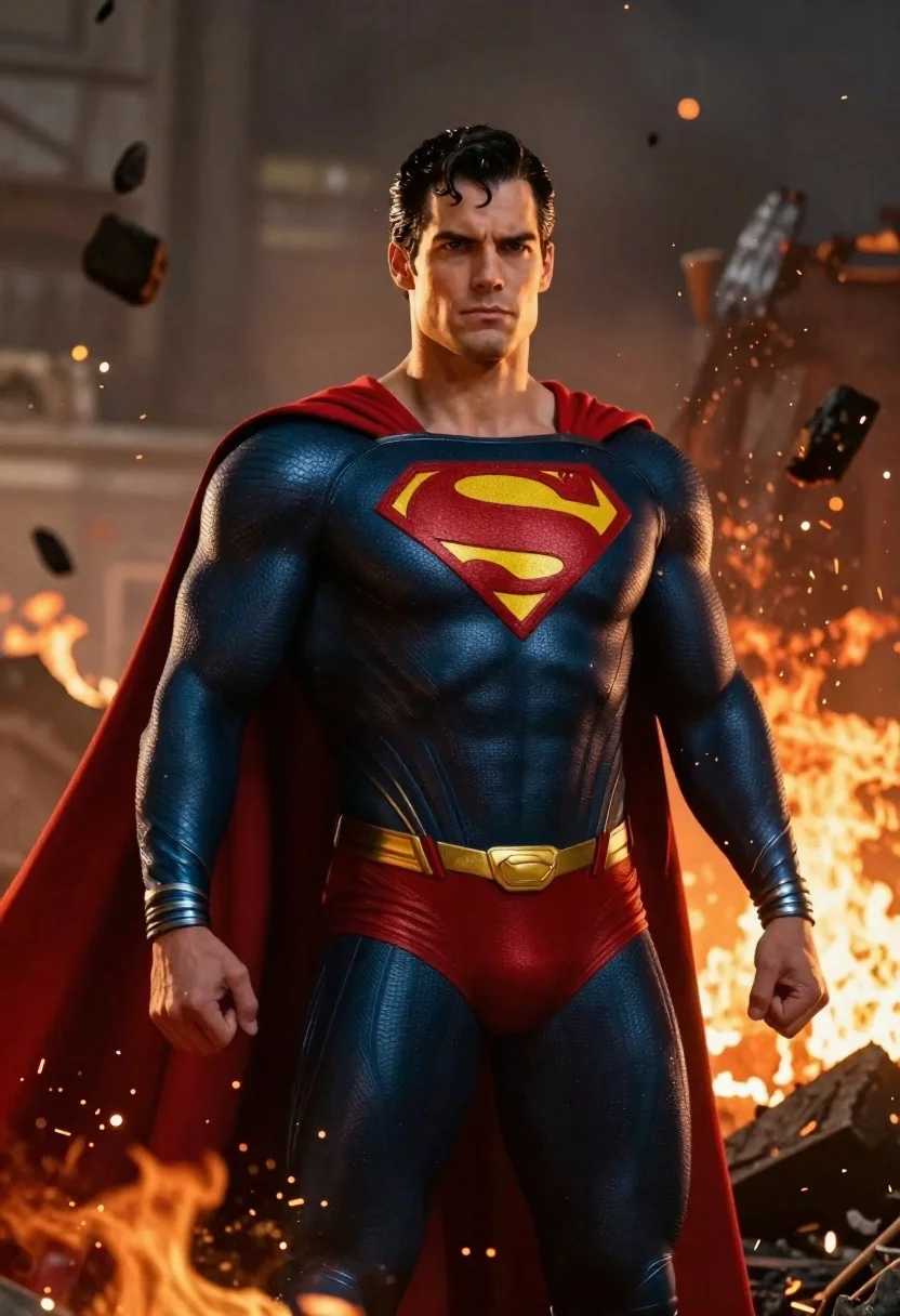Superman standing in a fiery ruined battlefield setting