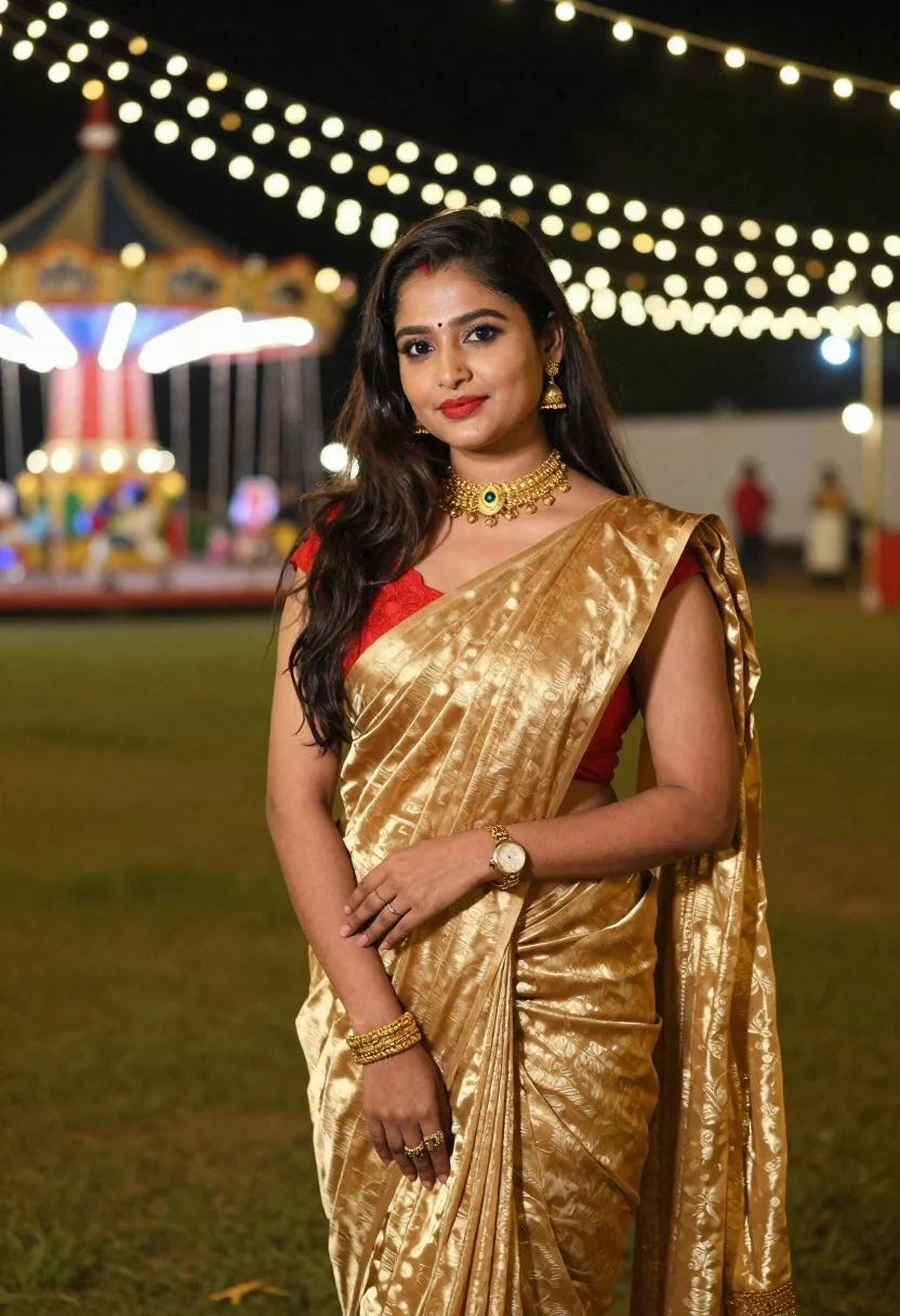 Woman in golden saree stands outdoors at night under fairy lights
