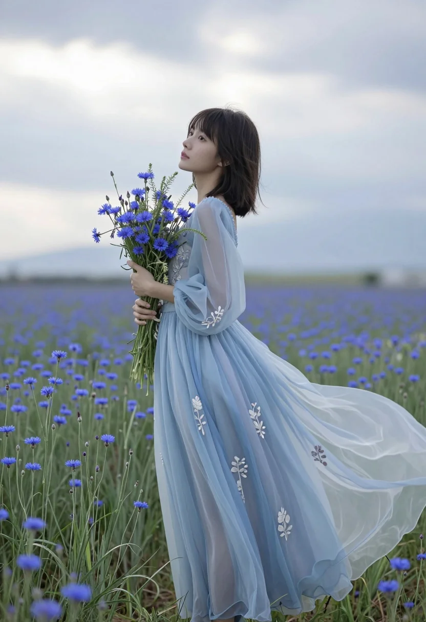 Young woman in blue gown holding wildflowers in a meadow - AI generated image prompt sample