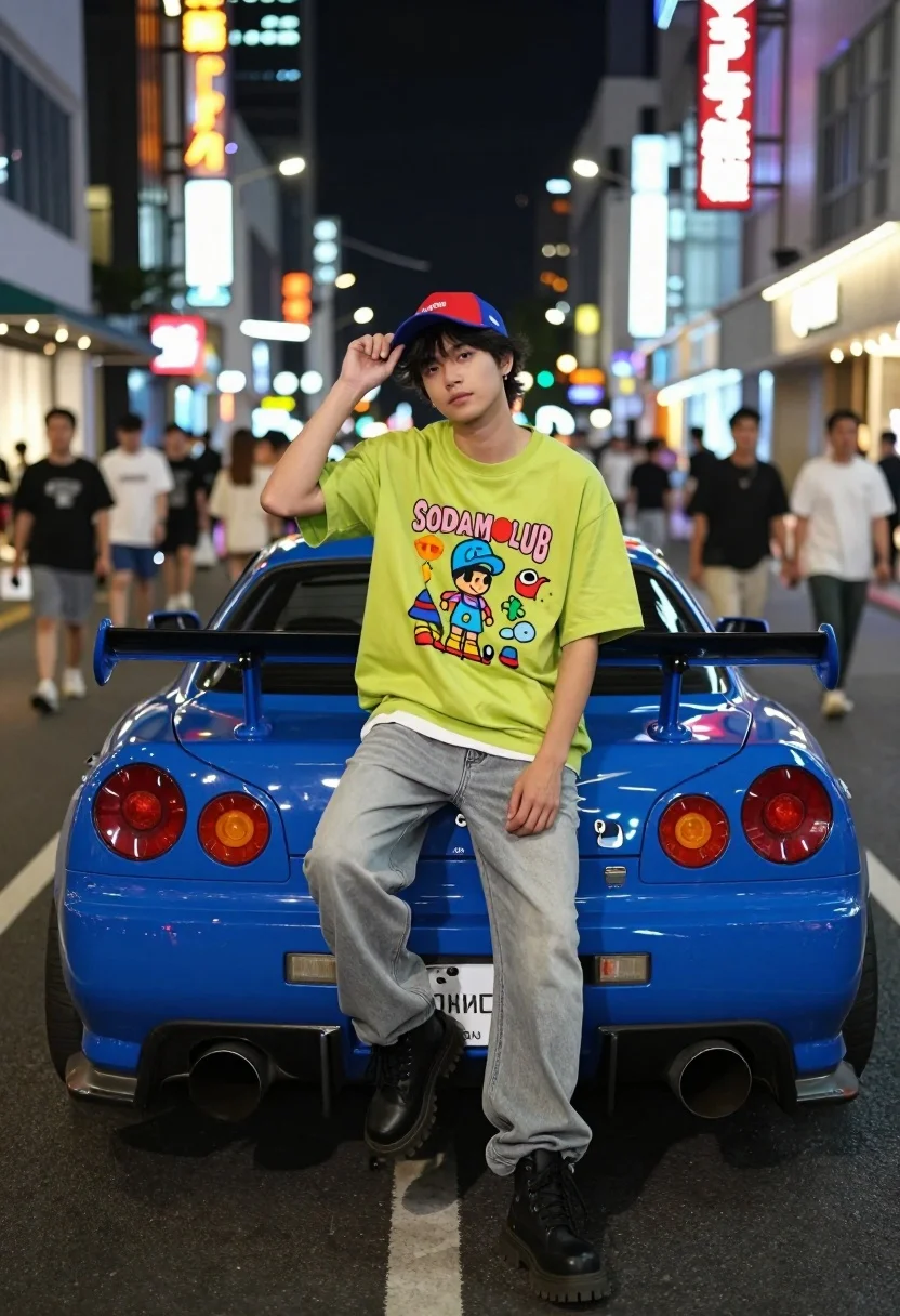 Young man sitting on blue sports car bumper in neon lit city - AI generated image prompt sample