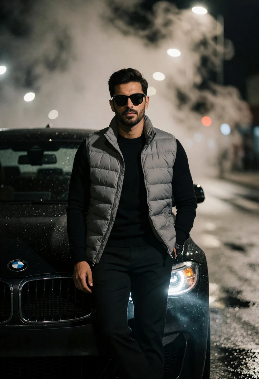 Man leaning on black bmw on foggy night street with dramatic lighting - AI generated image prompt sample