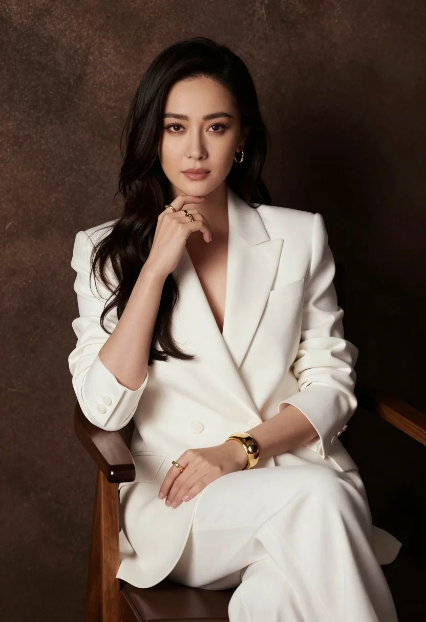 Confident woman in white blazer seated on wooden chair against dark background - AI generated image prompt sample