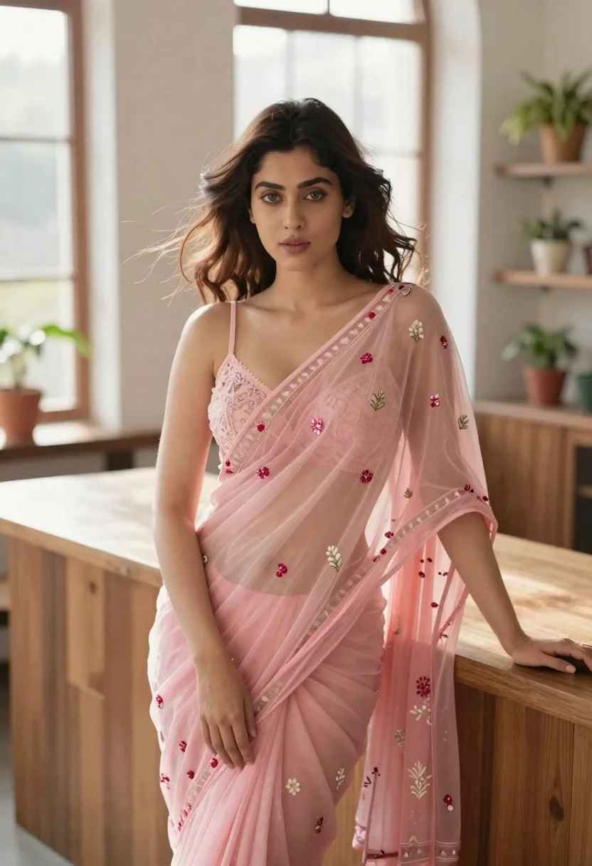 Young woman in pink saree leaning against counter in sunlit room - AI generated image prompt sample