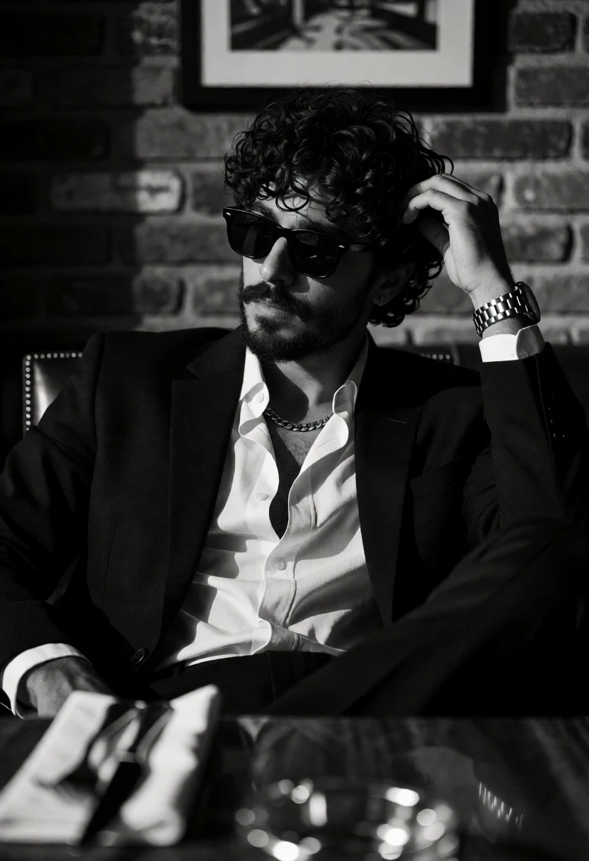 Man in black suit sitting at table against brick wall high contrast - AI generated image prompt sample