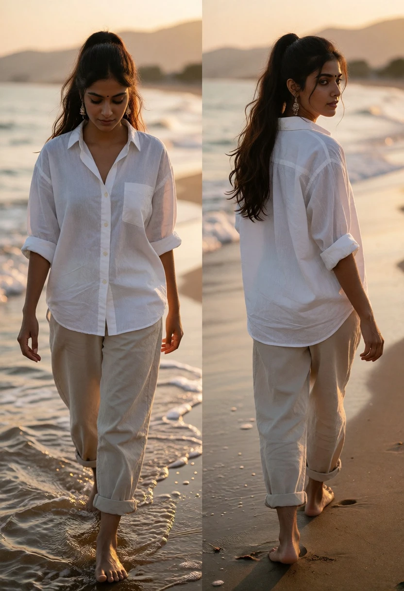 Young woman walking barefoot on sandy beach at sunset triptych view - AI generated image prompt sample