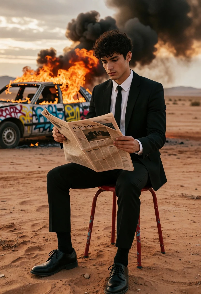 Young man reading newspaper on red stool amidst burning car in desert - AI generated image prompt sample
