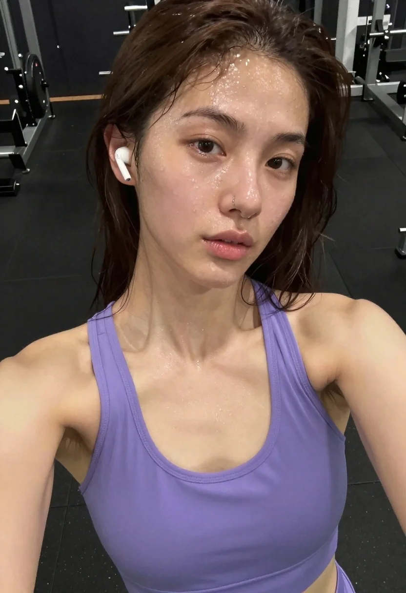 Close up selfie of young woman with brown hair sweating in gym