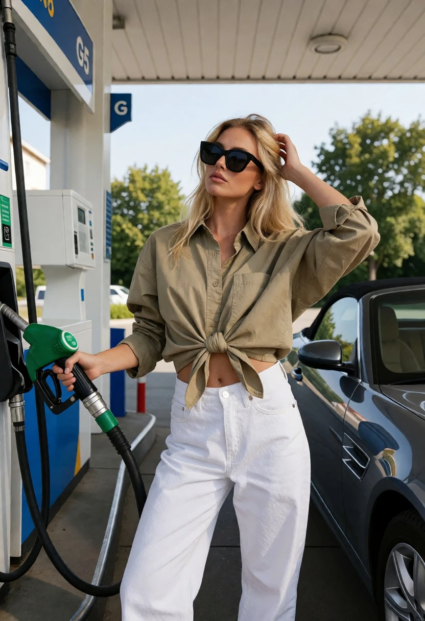 Blonde woman posing by grey convertible car at gas station under bright - AI generated image prompt sample