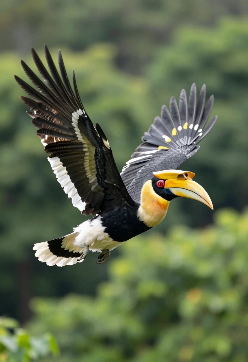 Majestic great hornbill soaring through lush green jungle foliage in flight - AI generated image prompt sample