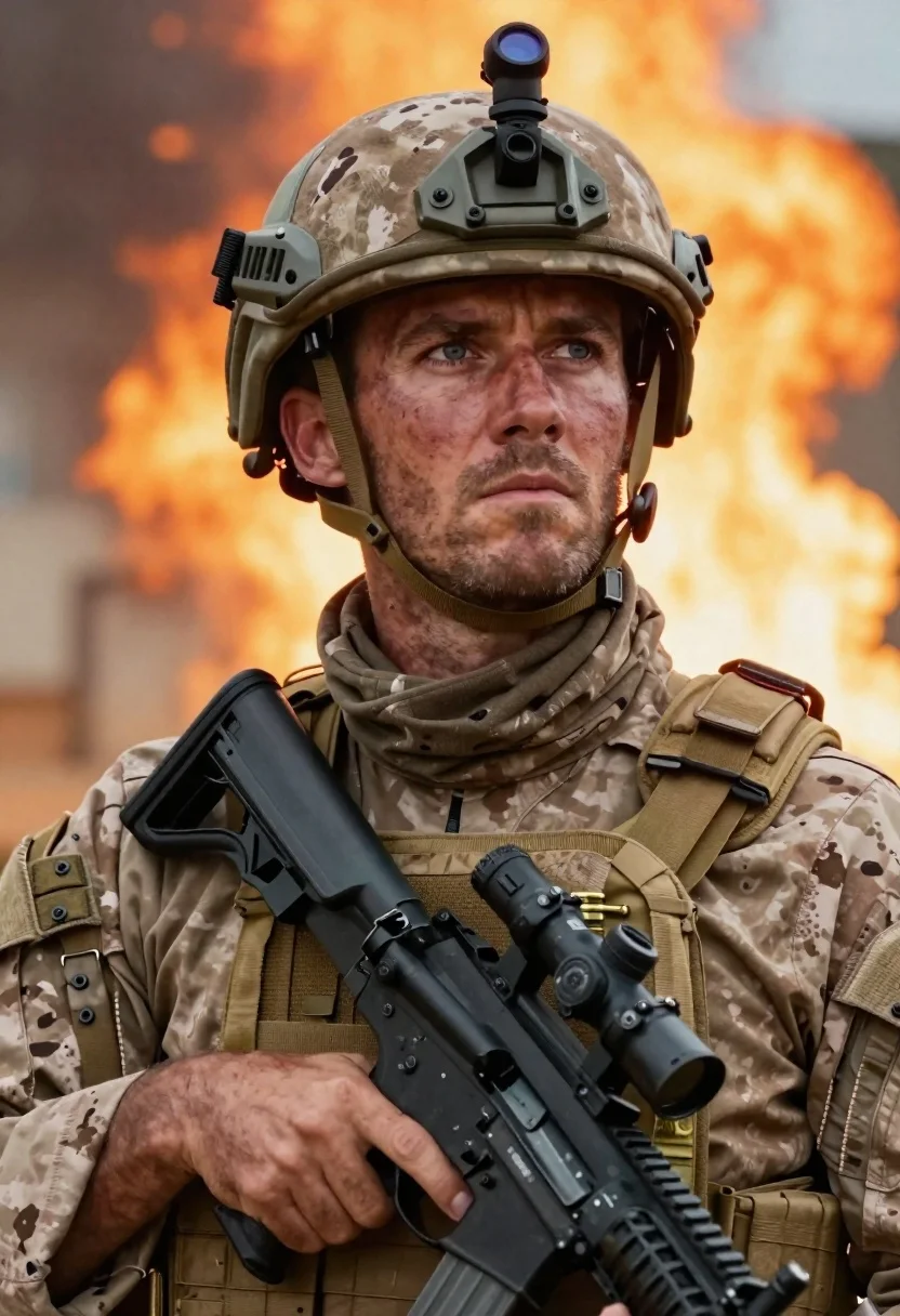 Rugged soldier in combat gear against fiery explosion