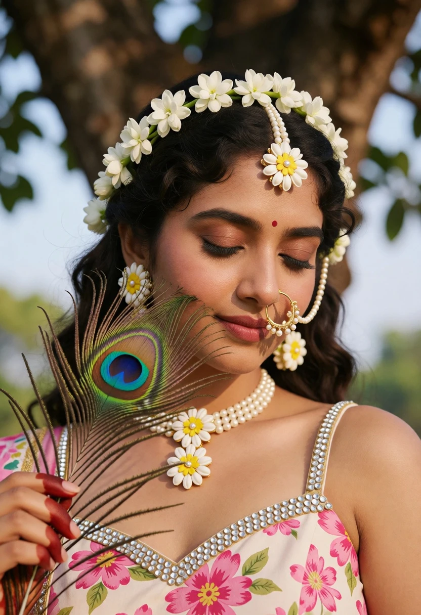Close up portrait of woman with floral jewelry holding peacock feather - AI generated image prompt sample