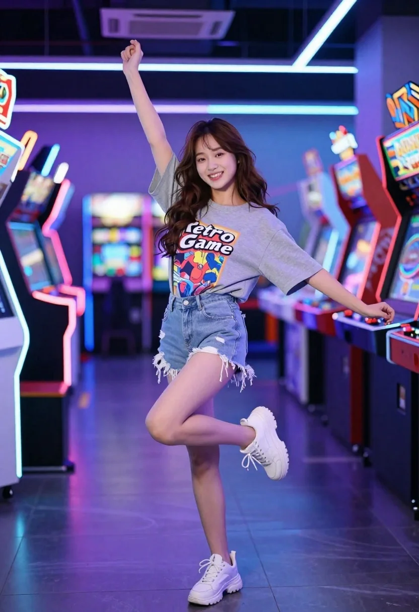 Young woman dancing joyfully in vibrant indoor gaming arcade setting - AI generated image prompt sample