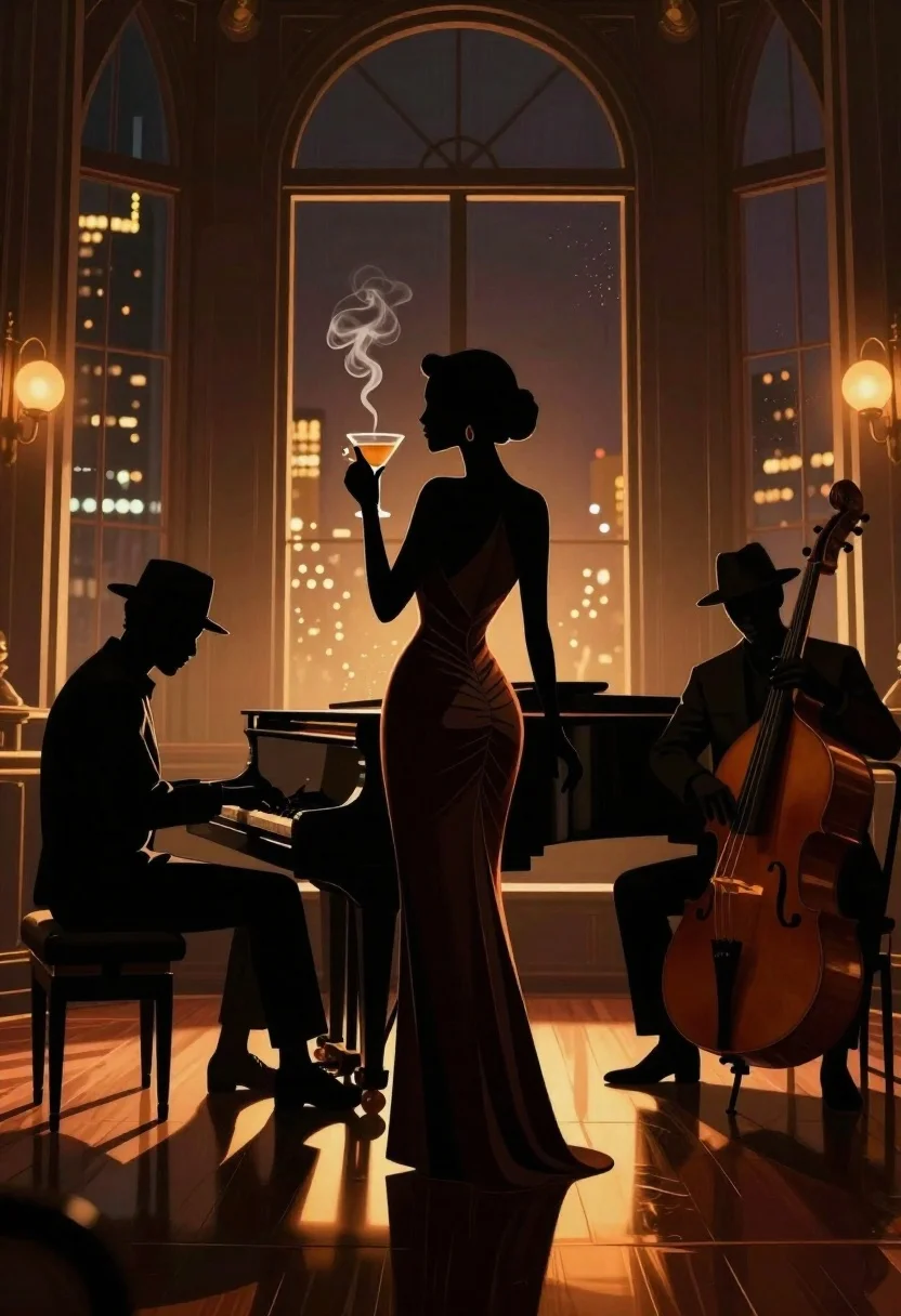 Jazz club scene with silhouetted musicians and woman