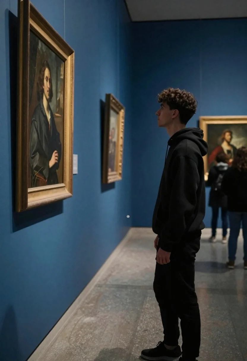 Young man viewing large portrait in blue art gallery setting - AI generated image prompt sample