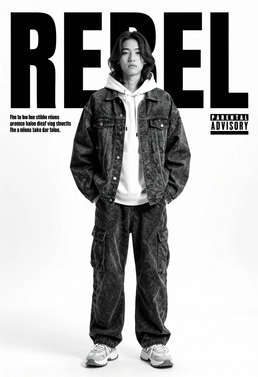 Full body shot of young person in denim jacket studio setting - AI generated image prompt sample