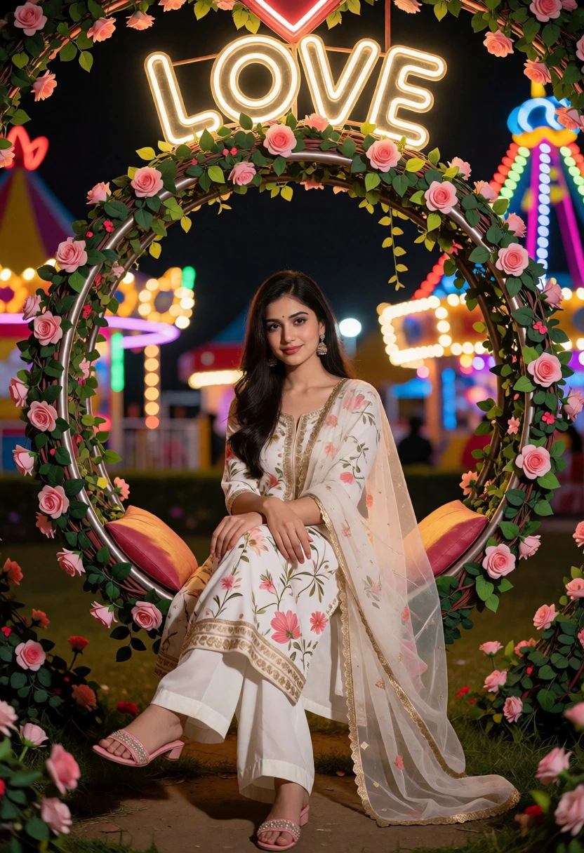 Young woman on flower swing under glowing love neon sign at night - AI generated image prompt sample