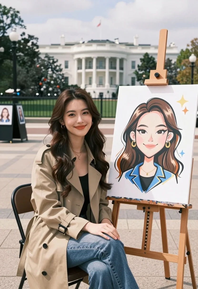 Young woman smiling next to her caricature portrait on an easel outdoors - AI generated image prompt sample