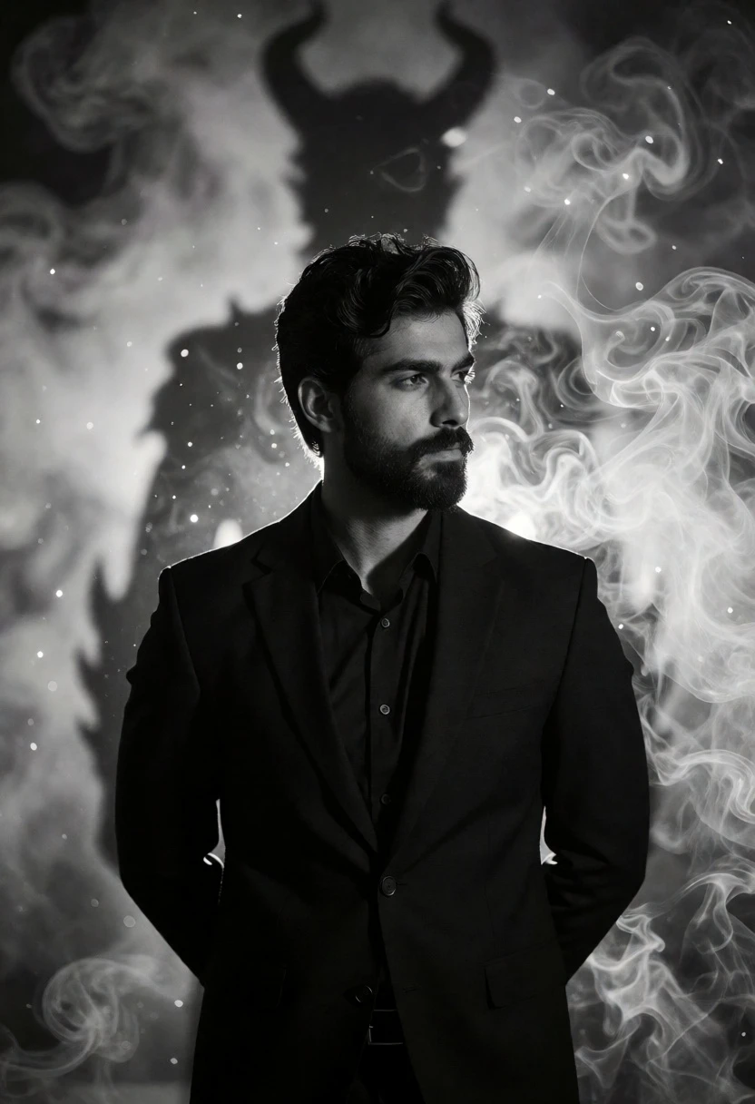 Man in black suit gazing thoughtfully before shadowy demon silhouette in mist - AI generated image prompt sample