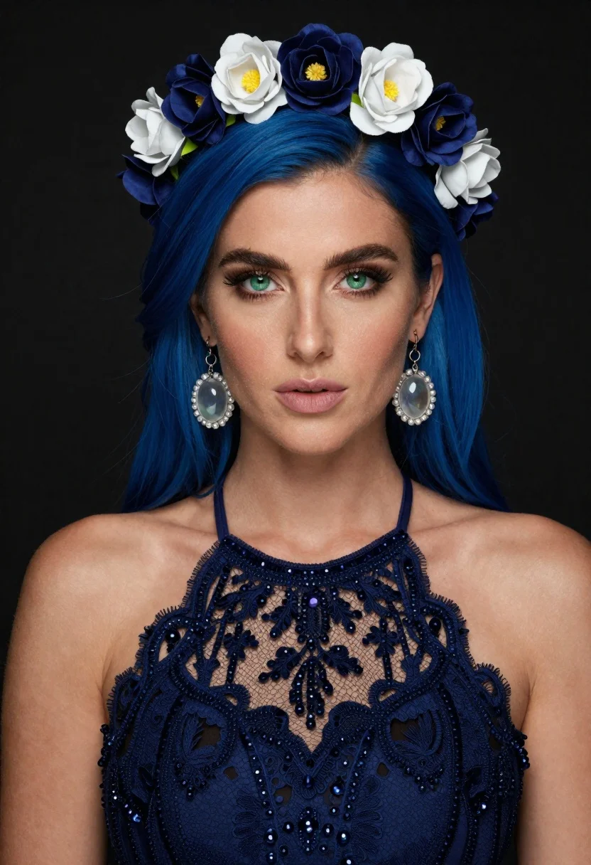 Close up portrait of woman with blue hair - AI generated image prompt sample