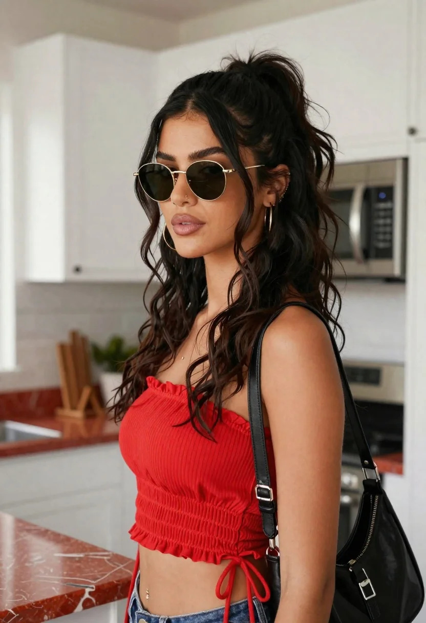 Stylish woman in red top standing in modern kitchen setting