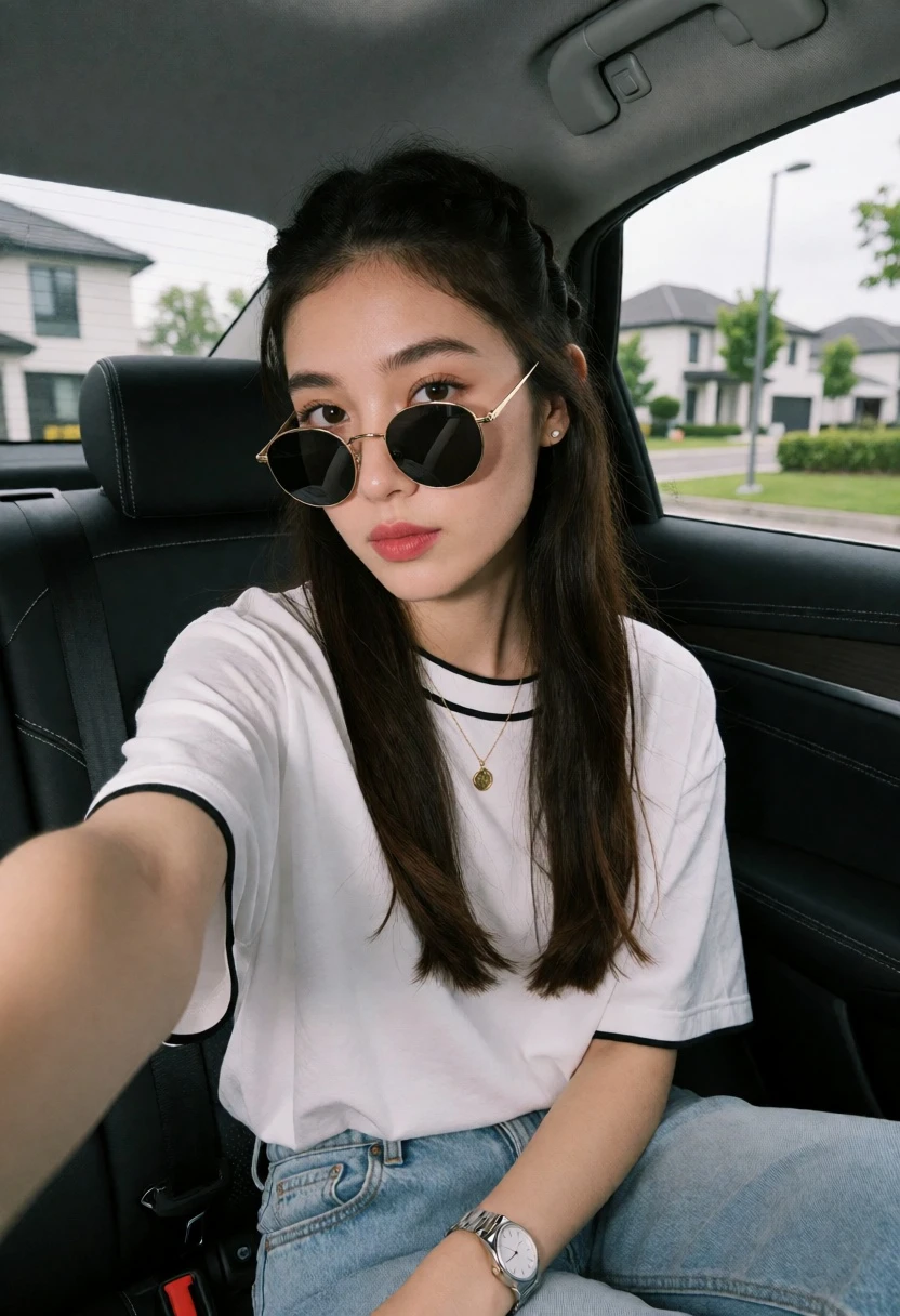 Young woman taking a selfie in car seat with suburban background view - AI generated image prompt sample