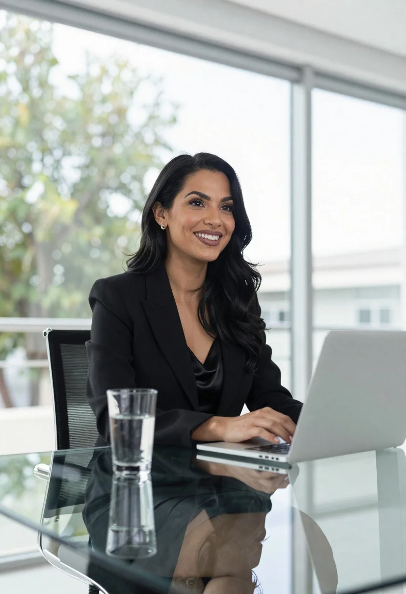 Professional woman in black blazer typing on laptop at glass desk - AI generated image prompt sample