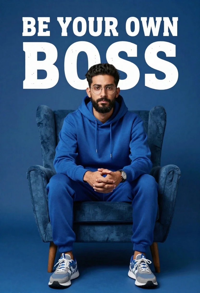 Young man sitting confidently in modern blue armchair studio portrait - AI generated image prompt sample