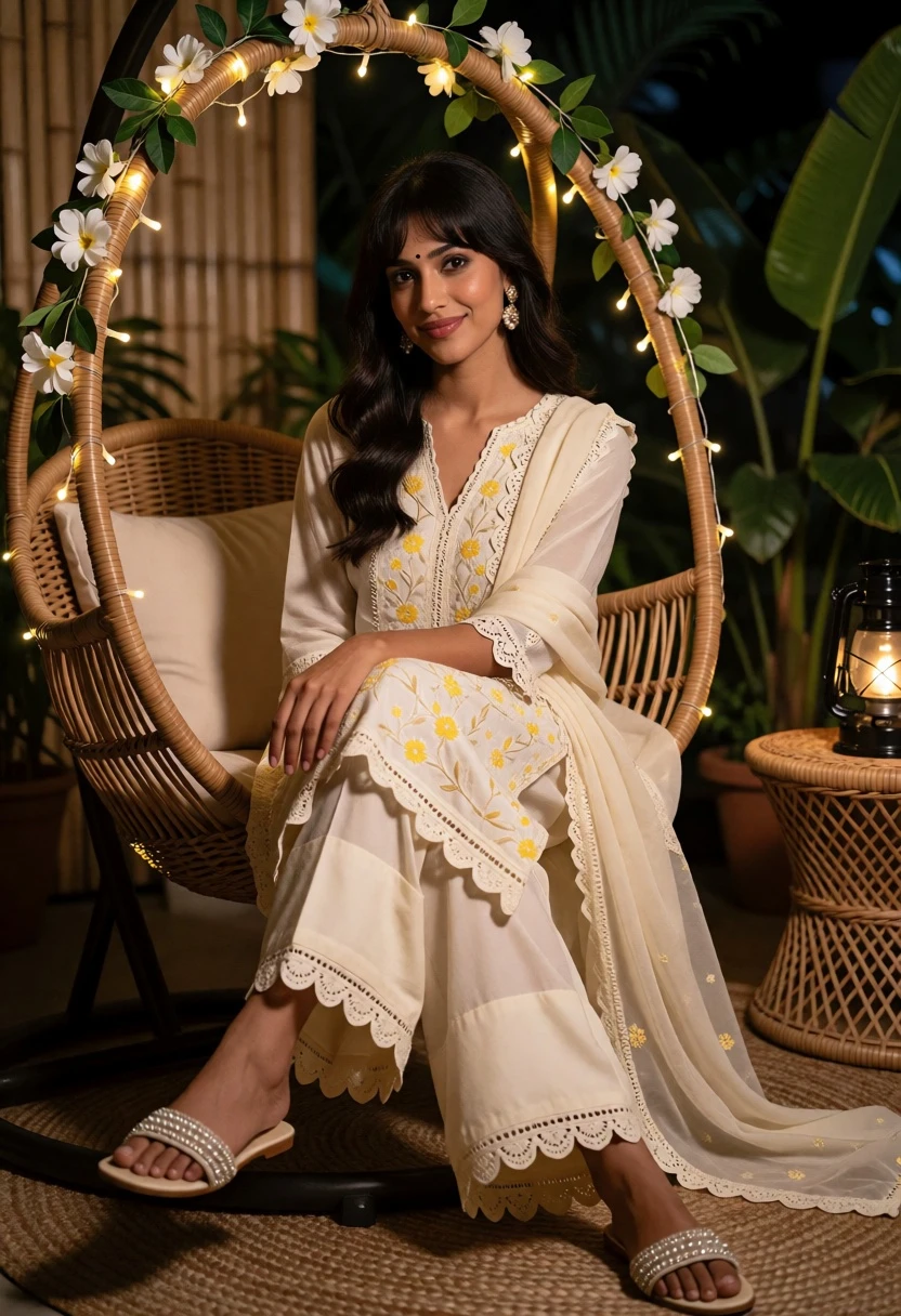 Young woman in traditional outfit sitting in wicker chair at night - AI generated image prompt sample