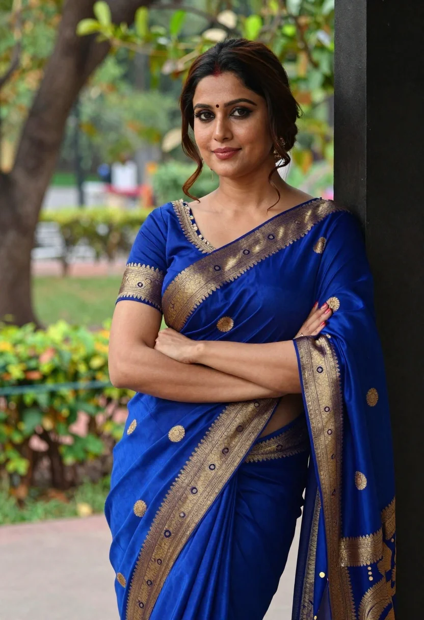 Woman in royal blue embroidered saree leaning against pillar outdoors