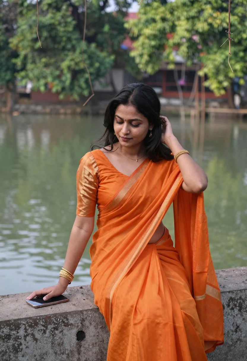 Young woman in orange saree sitting by calm water with green trees