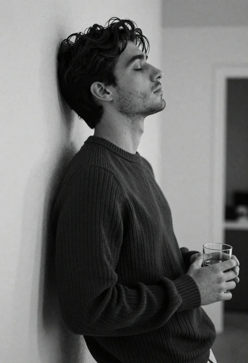 Black and white portrait of young man in knit sweater leaning against - AI generated image prompt sample