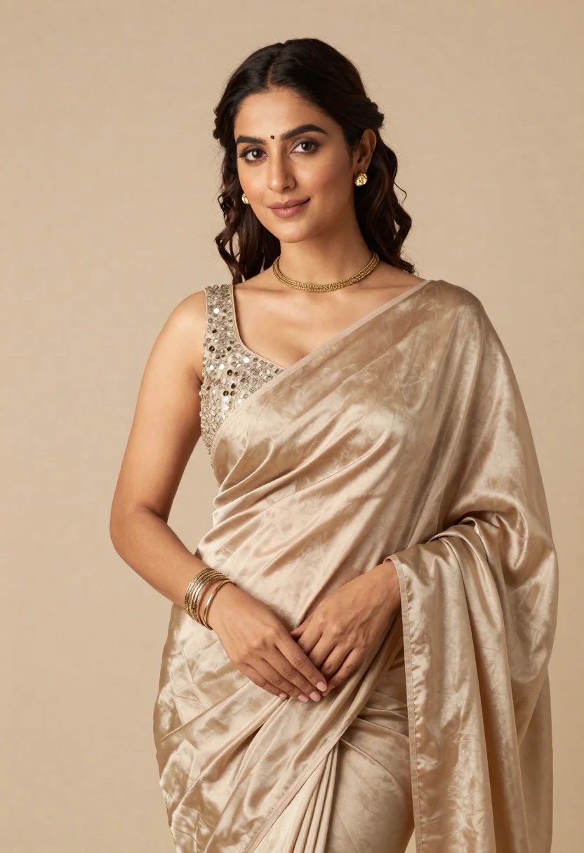 Portrait of woman in shimmering beige silk saree posing in studio - AI generated image prompt sample