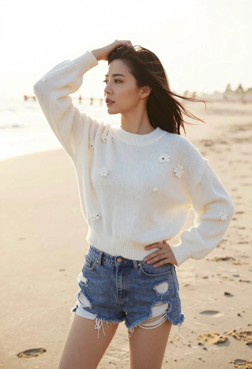 Woman in white sweater on sandy beach with windblown dark hair