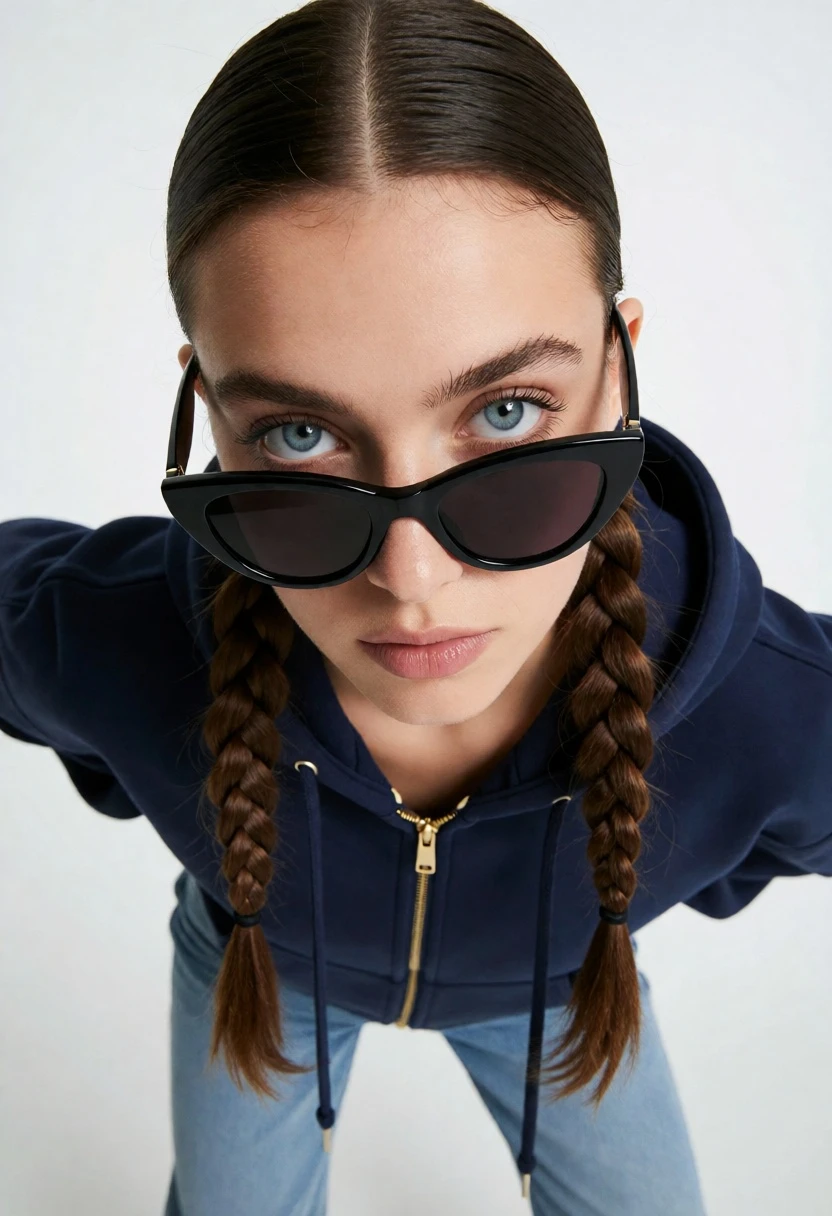 Young woman in hoodie looking up at camera against white studio backdrop - AI generated image prompt sample