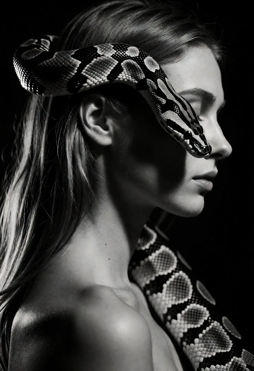 High contrast black and white portrait of woman with coiled patterned snake - AI generated image prompt sample