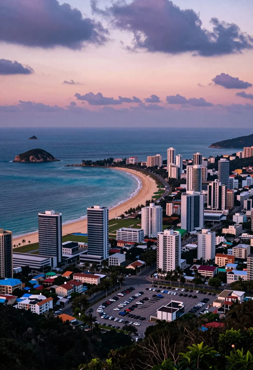 Aerial view of coastal city beach under dramatic twilight sky - AI generated image prompt sample