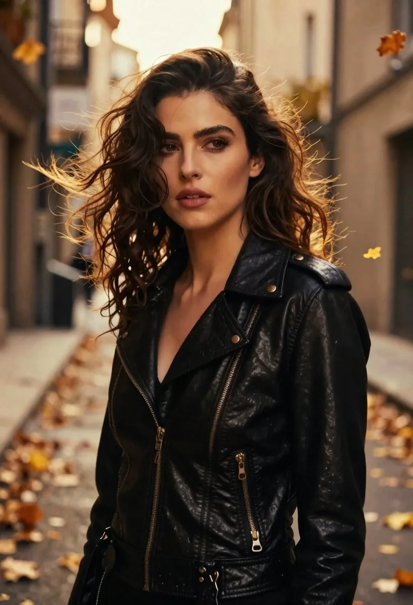 Woman in leather jacket in golden urban alleyway - AI generated image prompt sample